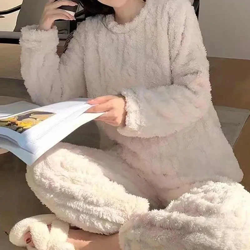 Women's 2-Piece Velvet Pajama Set:  Thicken Ribbed Fleece Pullover & Pants | Warm Loungewear for Autumn Winter - Warm Gift for Her