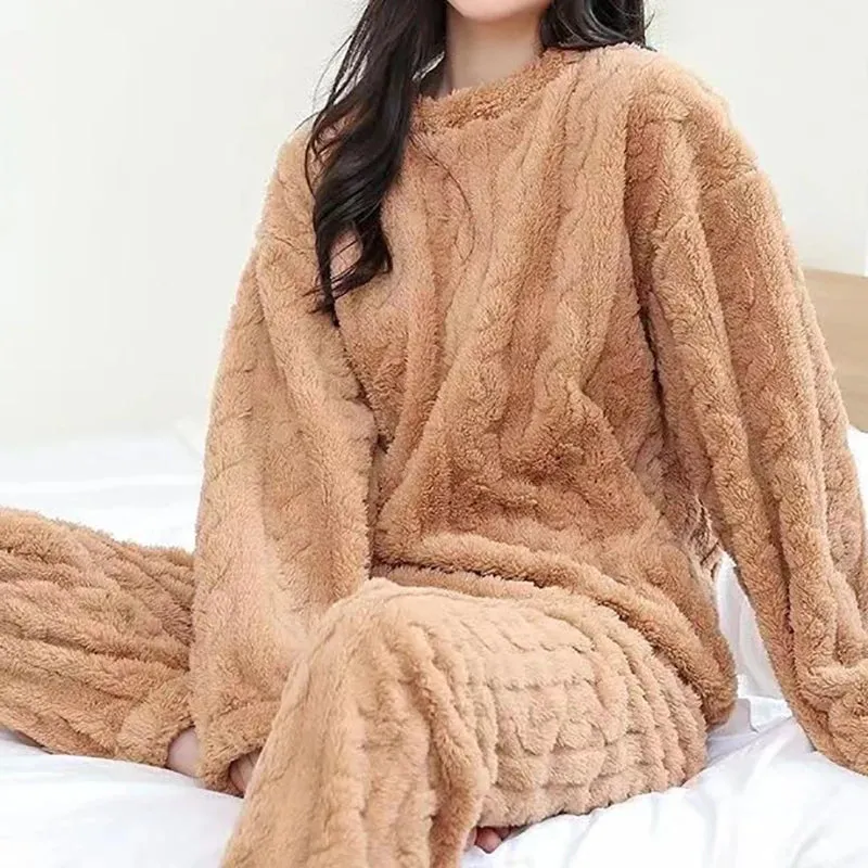 Women's 2-Piece Velvet Pajama Set:  Thicken Ribbed Fleece Pullover & Pants | Warm Loungewear for Autumn Winter - Warm Gift for Her