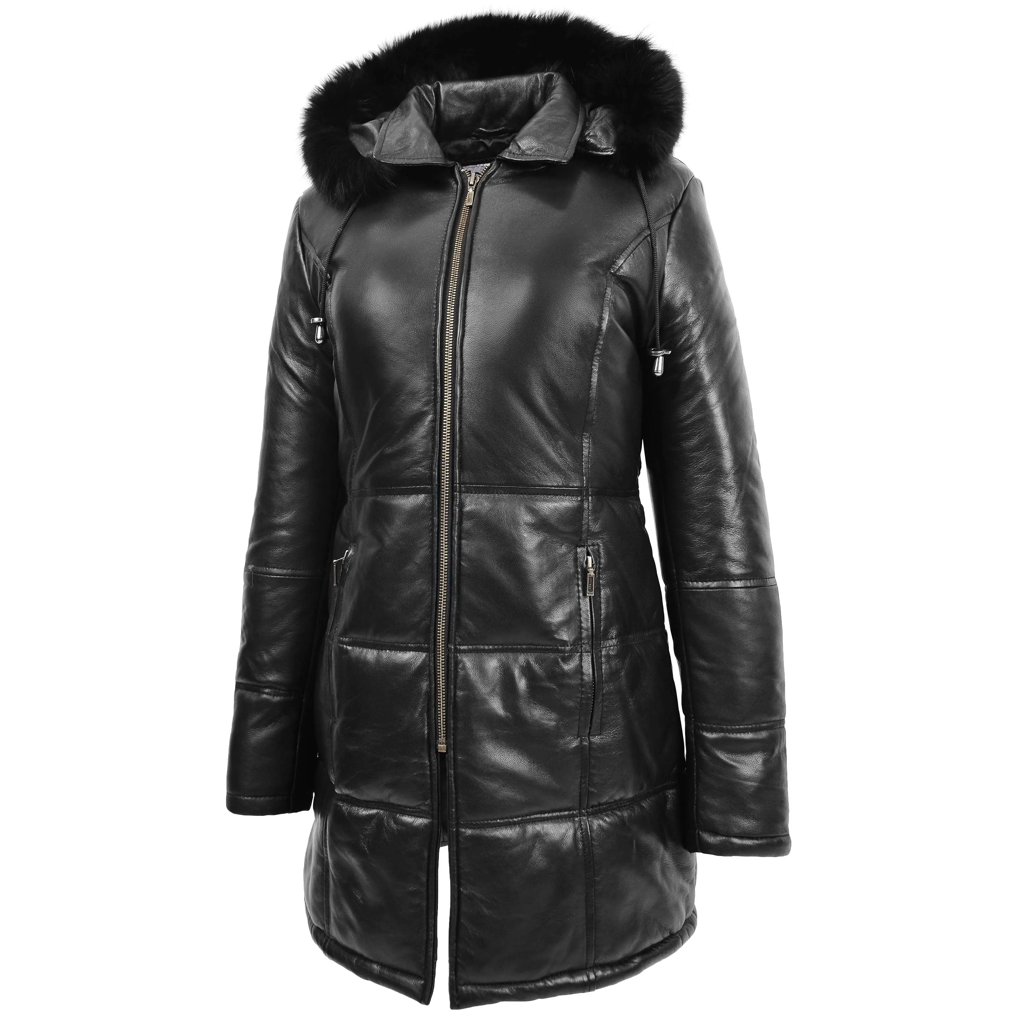 Womens 3/4 Length Leather Puffer Coat Lisa Black