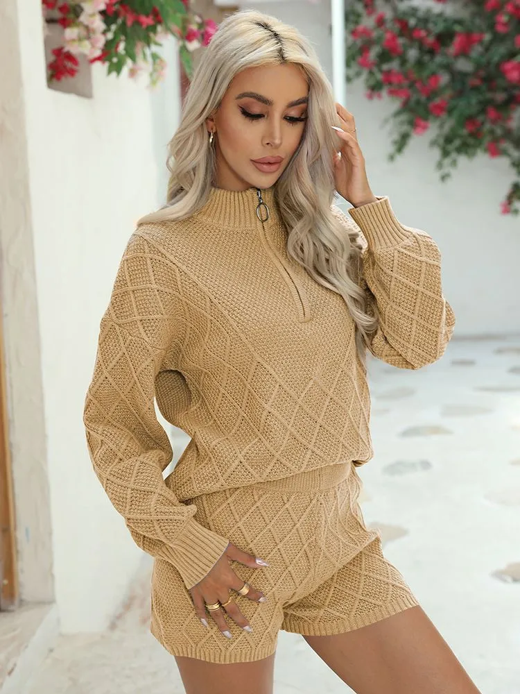 Women's Half Zip Cable Knit Pullover Top and Shorts Pant Lounge Sets
