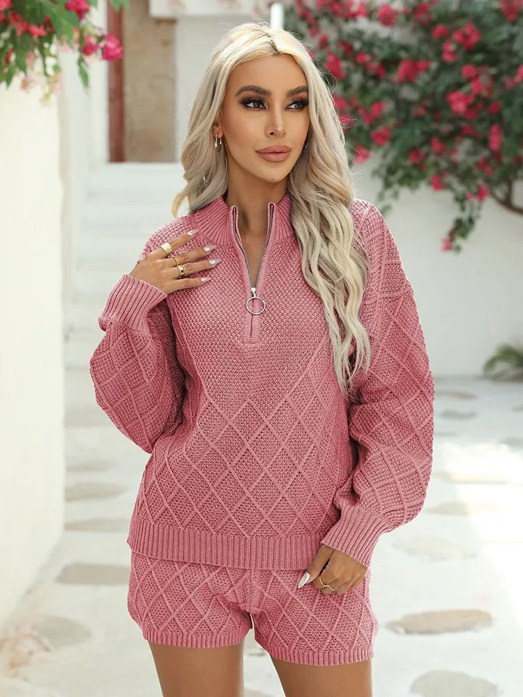 Women's Half Zip Cable Knit Pullover Top and Shorts Pant Lounge Sets