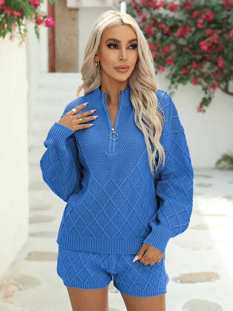 Women's Half Zip Cable Knit Pullover Top and Shorts Pant Lounge Sets