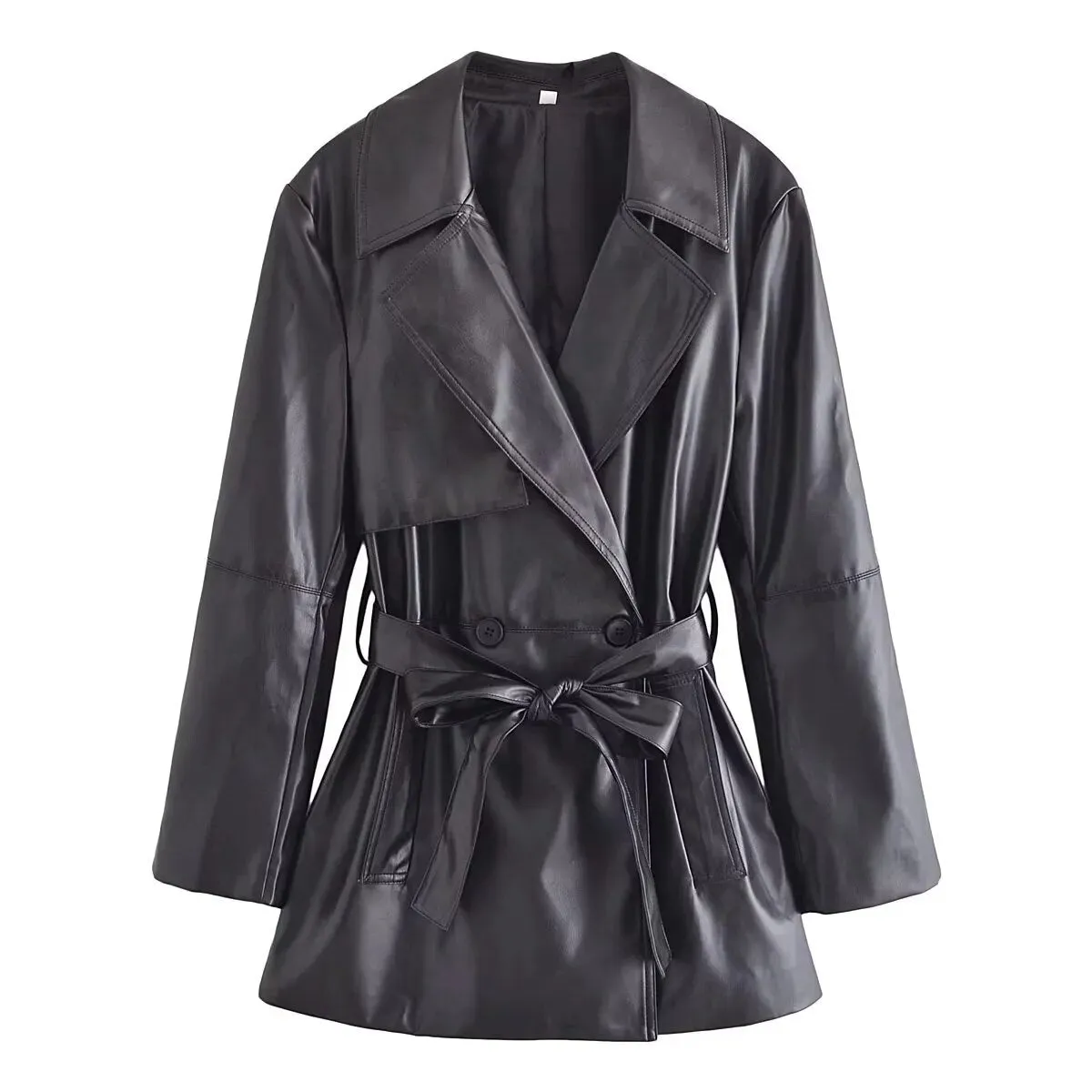 xakxx xakxx - New Women's Clothing Retro Fashion Slim Waist Black Faux Leather Long Sleeve Lapel Short Trench Coat